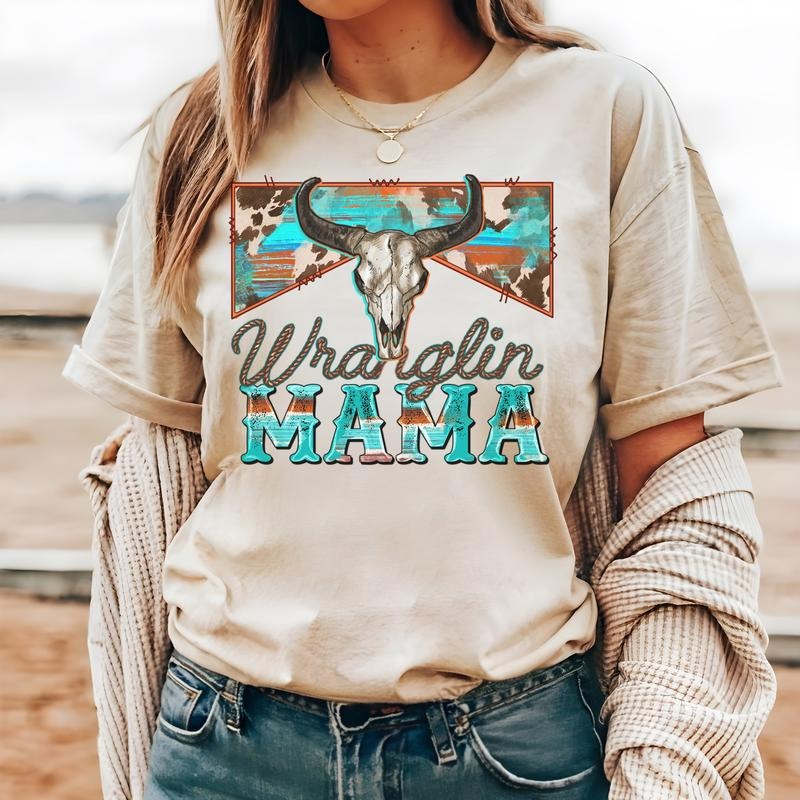 #215 - Wranglin Mama Western Boho Cow Retro -  - Print Unisex Crew neck Tee T-shirt Hoodie, Sweatshirt | HypeDripTees.com