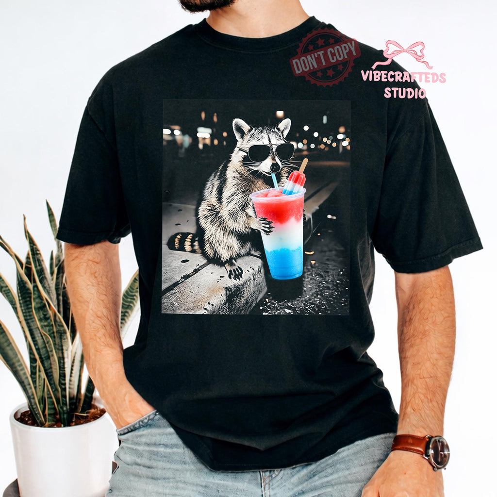 4th July Raccoon Drinking Patriotic Slushie Comfort Colors American Meme Tee Red White Blue Popsicle Drink (4)