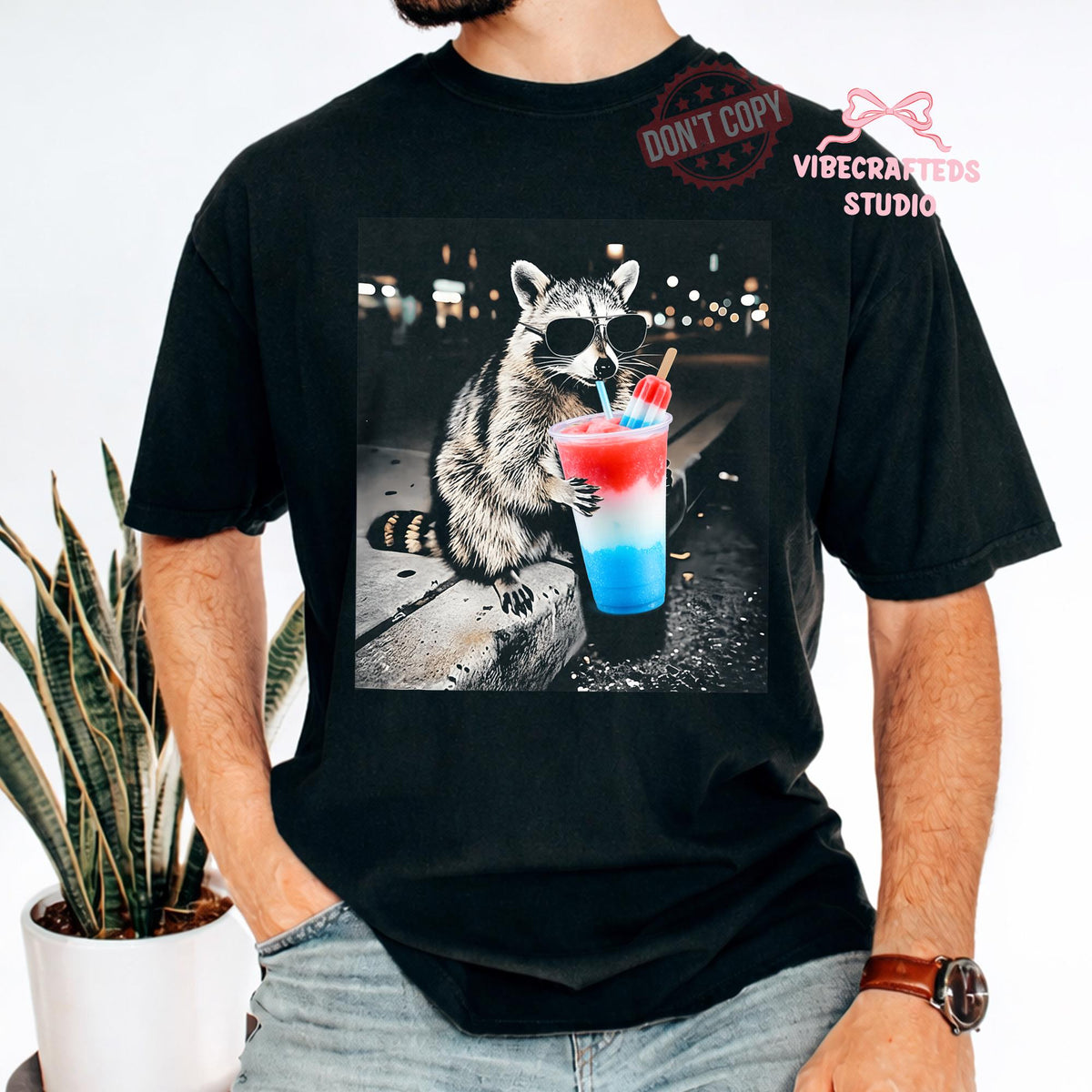 4th July Raccoon Drinking Patriotic Slushie Comfort Colors American Meme Tee Red White Blue Popsicle Drink (4)