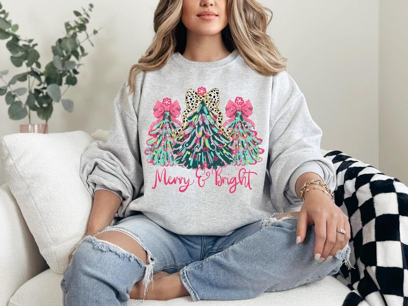#358 - Merry and Bright Christmas Tree Holiday Shirt Design, Tee T-shirt Shirt Print Unisex Crewneck Sweatshirt
