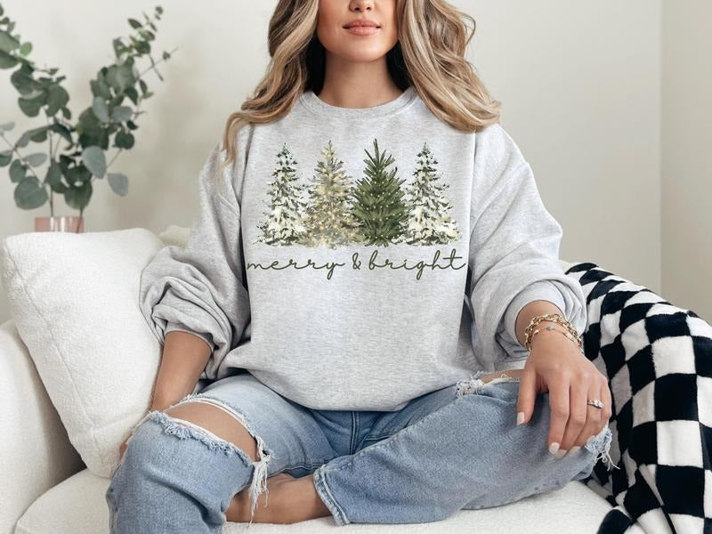 #362 - Merry and Bright Tree Christmas Holiday Shirt Design, Tee T-shirt Shirt Print Unisex Crewneck Sweatshirt