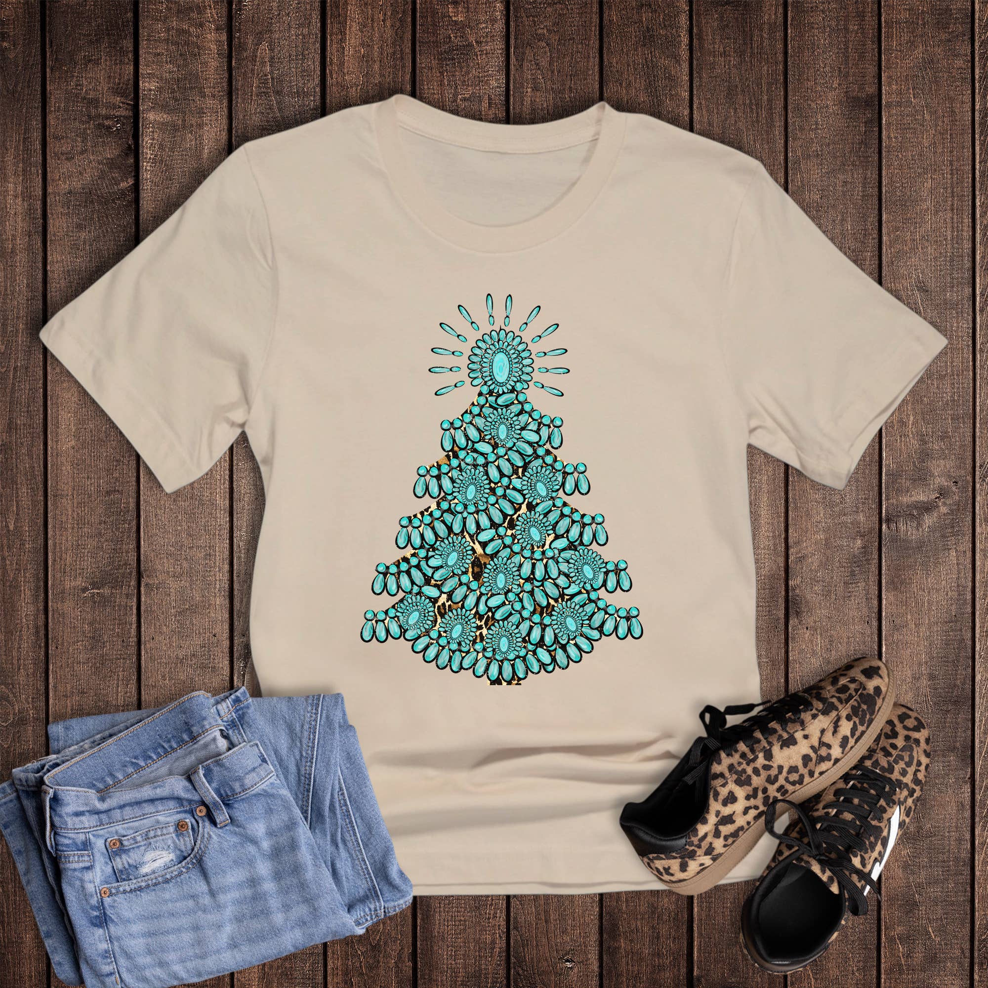 Christmas Western Turquoise Tree with Cheetah Graphic Tee