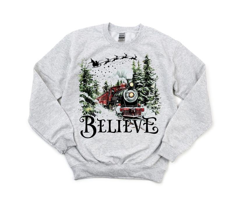 #386 - Believe Train, Christmas Holiday Shirt Design, Tee T-shirt Shirt Print Unisex Crewneck Sweatshirt Hoodie
