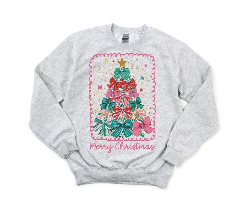 #393- Merry Christmas Coquette Bows Preppy Tree Christmas Holiday Shirt Design, Tee T-shirt Shirt Print Unisex Crewneck...