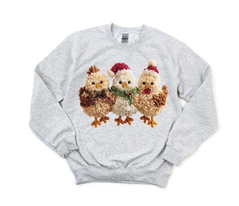#394 - Faux Latch Hook Yarn Embroidery Santa Chicks Chicken, Christmas Holiday Shirt Design, Tee T-shirt Shirt Print...