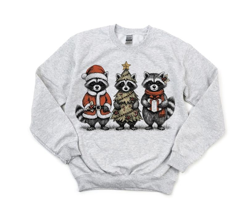 #396 - Woodland Raccoon Trio Santa, Christmas Holiday Shirt Design, Tee T-shirt Shirt Print Unisex Crewneck Sweatshirt Hoodie