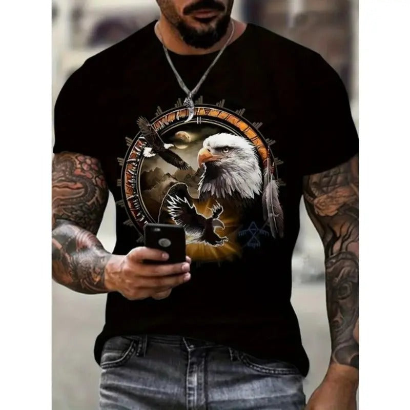 3D Eagle Print Men's Trendy Color Block Short Sleeve Crew Neck T-shirt, Summer Outdoor Made in USA Hoodie, Sweatshirt