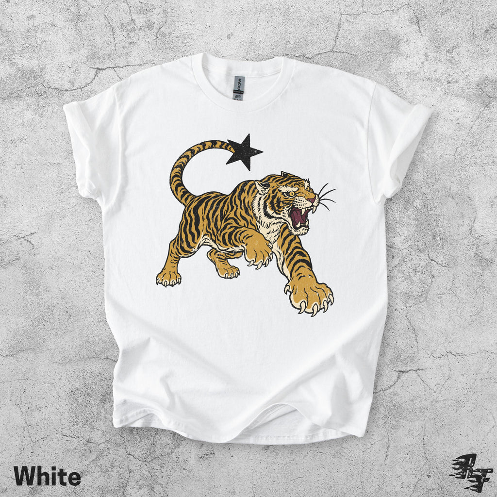 Vintage Tiger Retro Tattoo Roaring Big Cat Star Tail Tee Wild Animal Lover Grunge Streetwear (5)