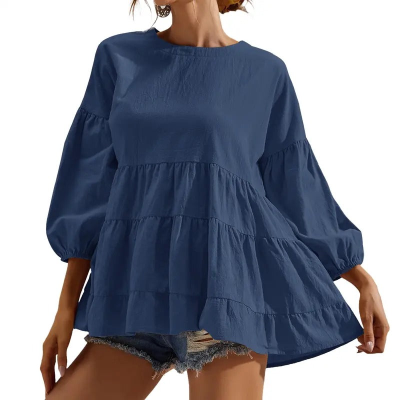 Womens Peplum Tops 3/4 Lantern Sleeve Crewneck Loose Babydoll Shirt Blouse Red Hoodie, Sweatshirt | HypeDripTees.com