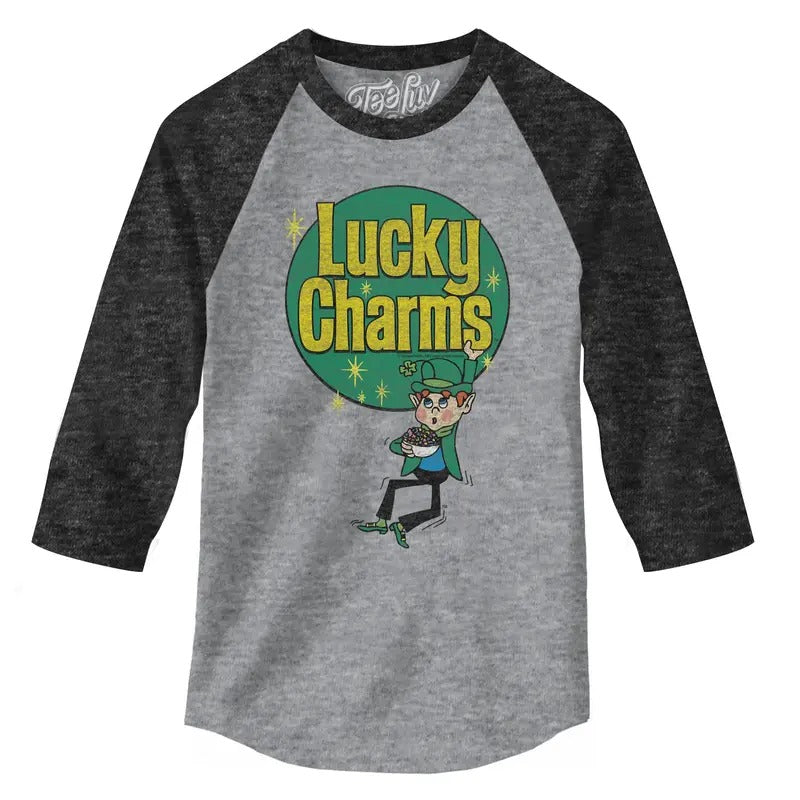 Lucky Charms Retro Logo 3/4 Sleeve Raglan Jersey T-Shirt - Gray and Black Hoodie, Sweatshirt | HypeDripTees.com
