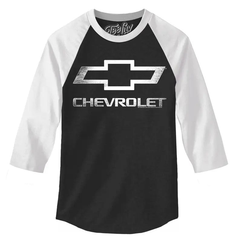 Chevrolet Logo 3/4 Sleeve Raglan Jersey T-Shirt- Black and White Hoodie, Sweatshirt | HypeDripTees.com