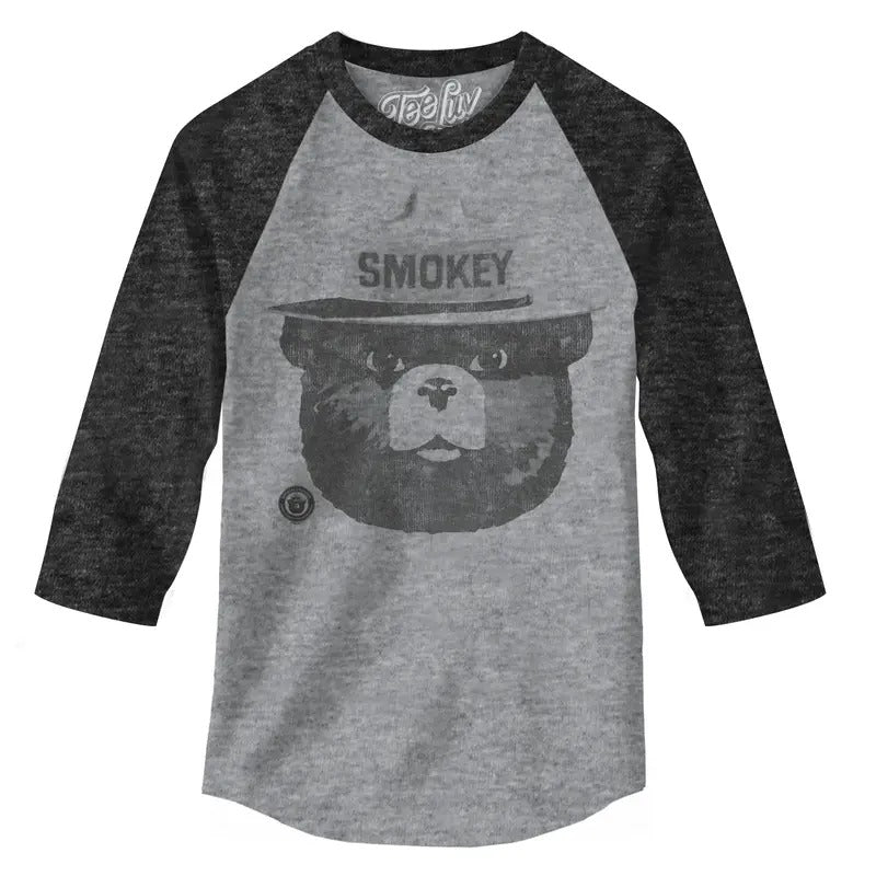 Smokey Bear 3/4 Sleeve Raglan T-Shirt - Gray and Black Hoodie, Sweatshirt | HypeDripTees.com