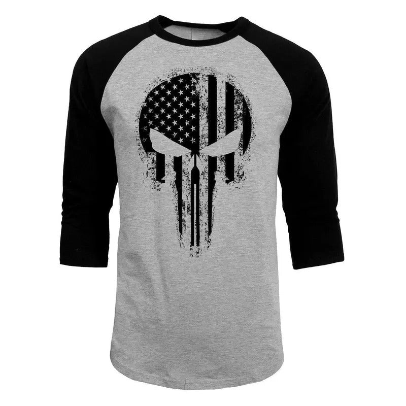 USA Flag Skull Distressed Blacked Out 3/4 Sleeve Raglan T-Shirt Hoodie, Sweatshirt | HypeDripTees.com