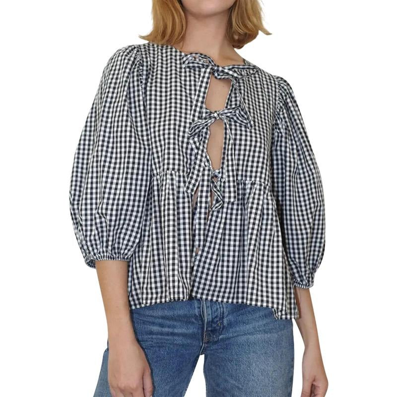 Women Basic Tie Front Tops Casual Plaid Print 3/4 Sleeve Shirt for Club Streetwear Aesthetic Clothes Cotton Fashion...