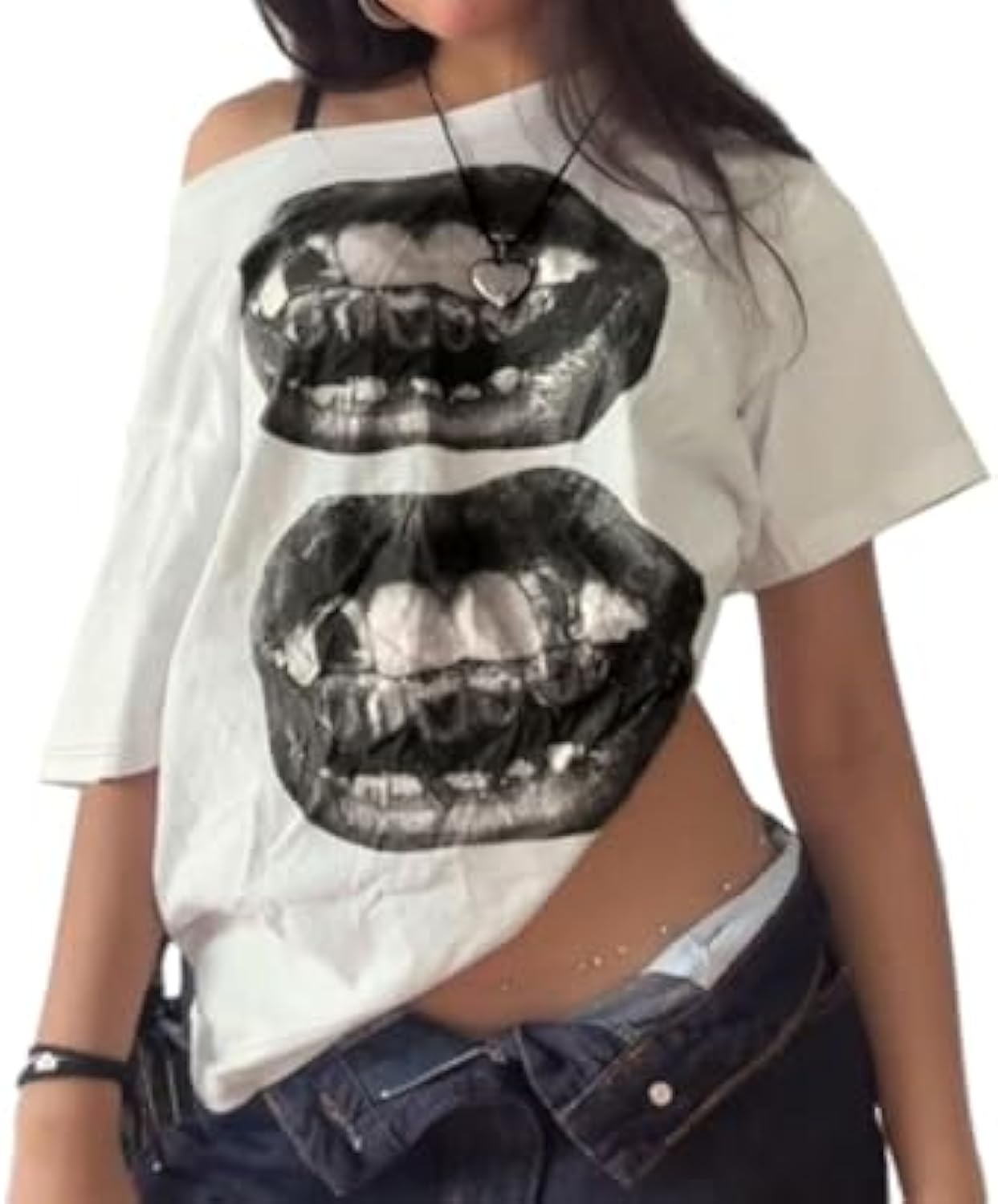 Streetwear Grunge One Shoulder Tops Women Teens Oversized Short Sleeve Graphic Tees Y2k Shirt Emo 2000s Clothing