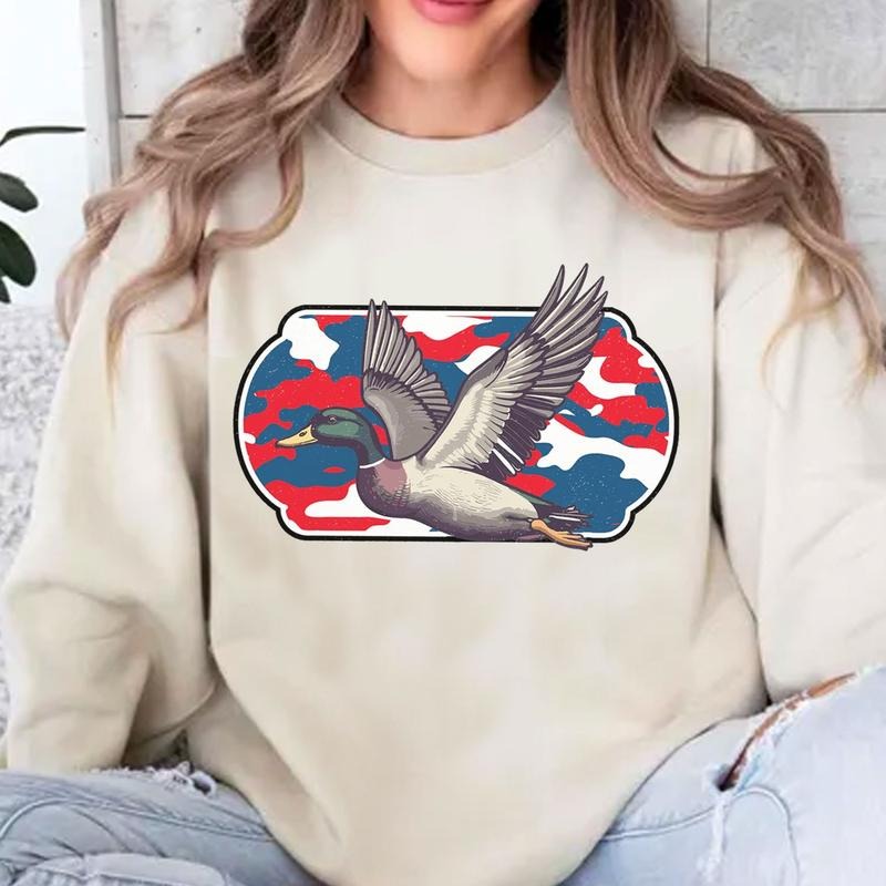 4th July Duck Hunting Red White & Blue Camo Unisex Sweatshirt, Duck Call Independence Day Tee, Patriotic T-shirt Gift for...