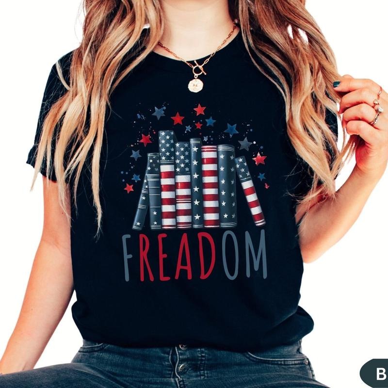 4th of July Freedom Reading Shirt, American Banned Book Shirt, Patriotic Book Person Gift for Librarian, Stars Stripes...