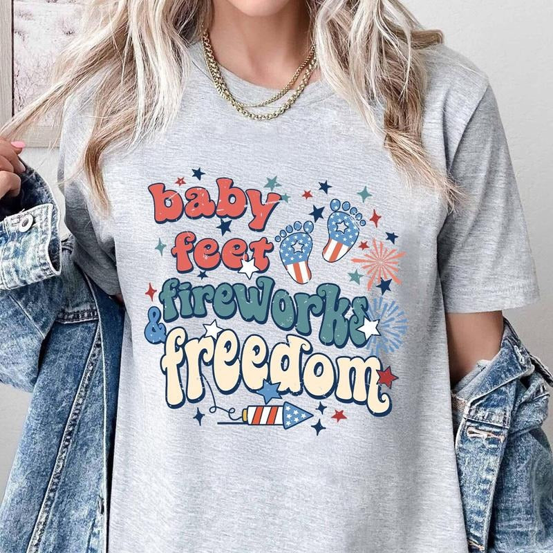 4th July Maternity Shirt Baby Feet Fireworks Freedom Pregnancy Reveal Patriotic Mom Be 100% Cotton T-Shirts, Hoodie, Sweatshirt