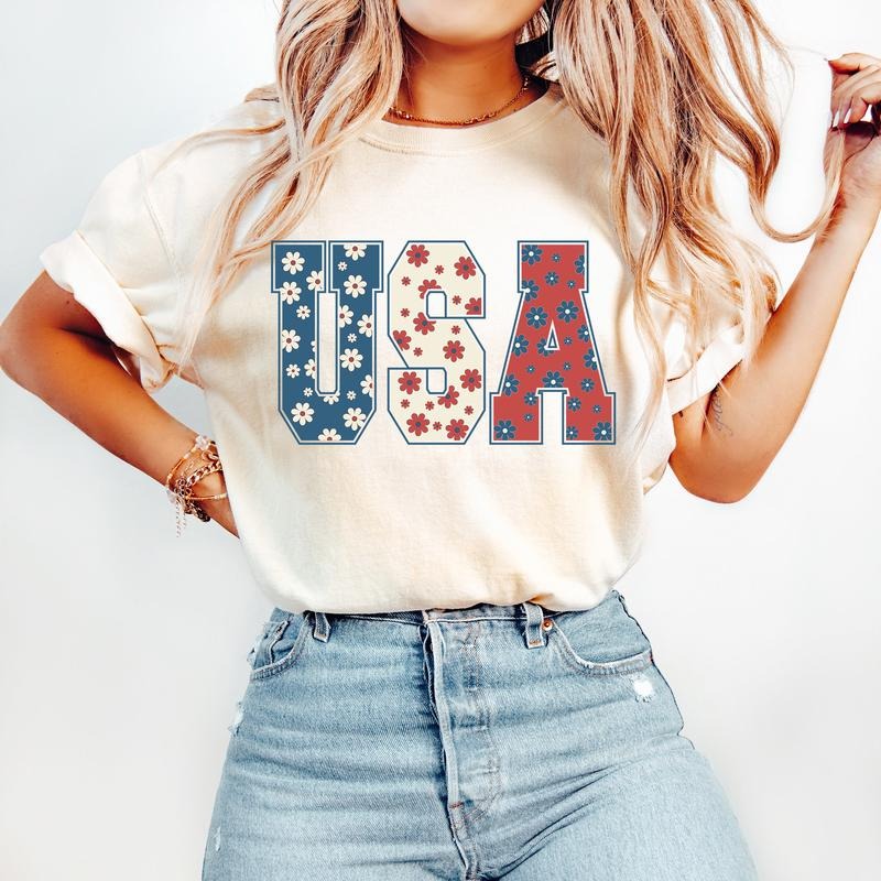 4th of July Shirt, USA Floral Flowers Shirt, Independence Day Women Tee, Comfort Colors Shirt Hoodie, Sweatshirt