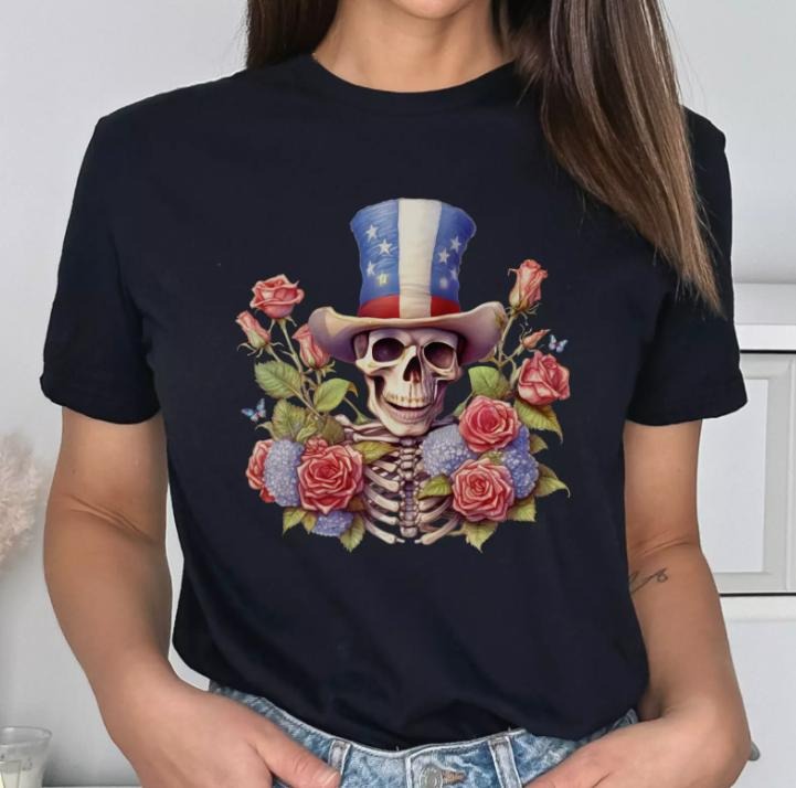 4th of July Skeleton Flower T Shirt Independence Day USA Graphic Tee S-3XL Hoodie, Sweatshirt | HypeDripTees.com