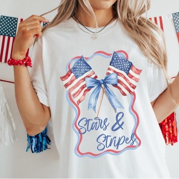 4th of July T-Shirt, USA Flag Shirt, Coquette Bow Stars & Stripes Patriotic Tee, Hoodie, Sweatshirt | HypeDripTees.com