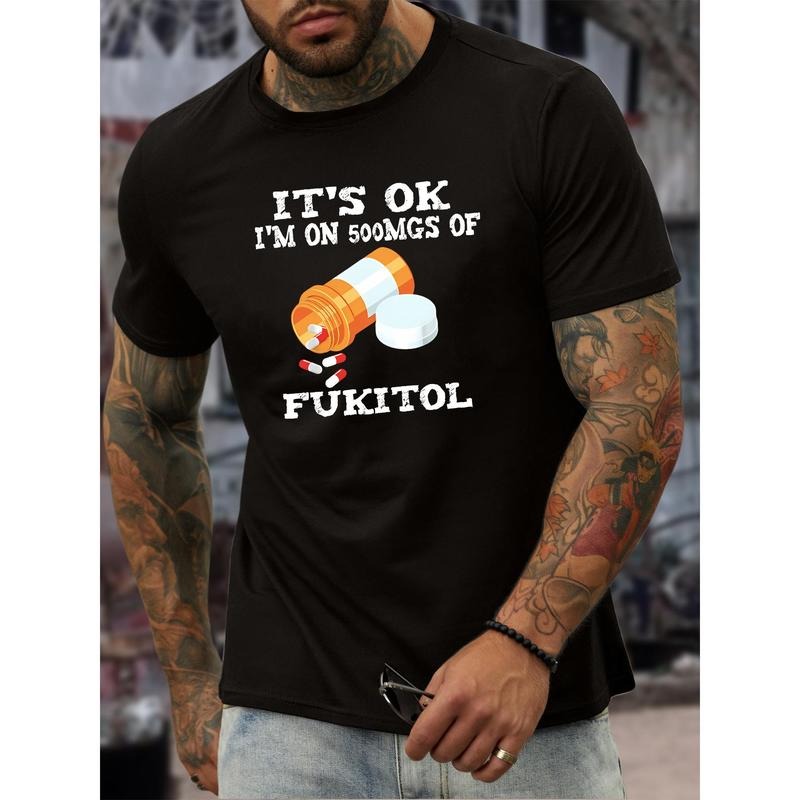 500MGS of FUKITOL Crew Neck Print T-Shirt - Soft Cotton, Slight Stretch, Versatile Summer Casual Wear for Men