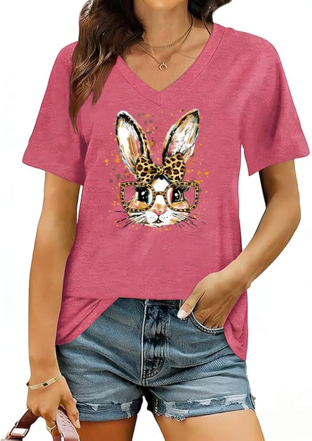 Easter Shirts for Women Happy Bunny with Leopard Bow Shirts Cute Floral Rabbit Graphic Tee