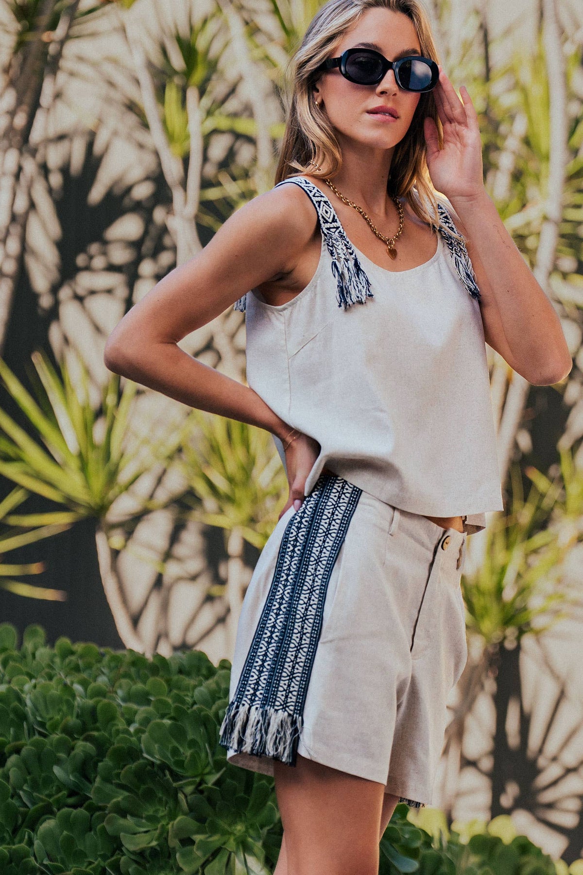 Embroidered Linen Blend Two-Piece Set Tassel Detail