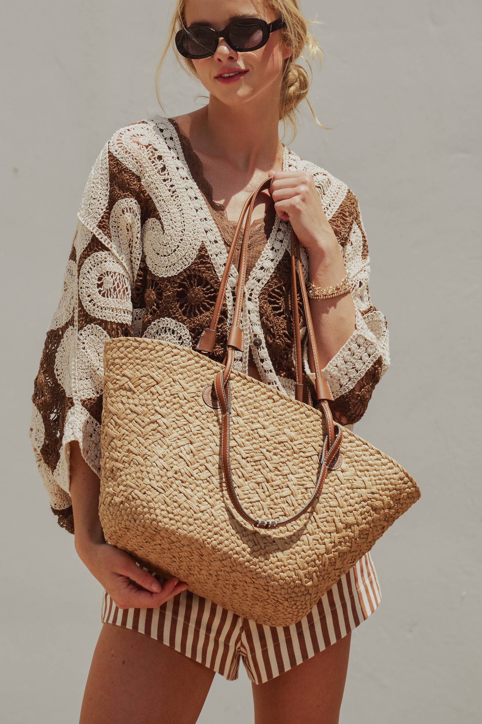 Woven Straw Market Tote Bag with Leather Straps