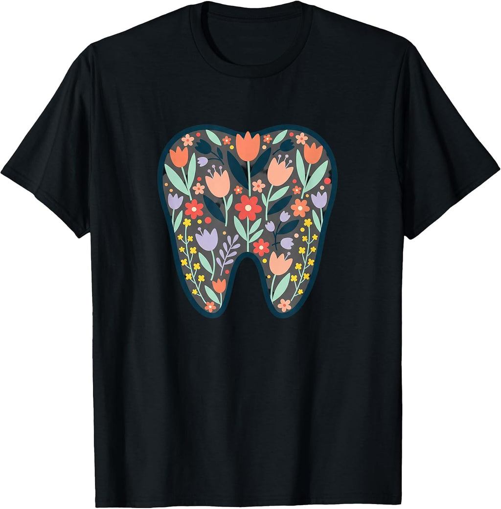 Floral Tooth Illustration Dentist Office Wall Art Nature Blo T-Shirt