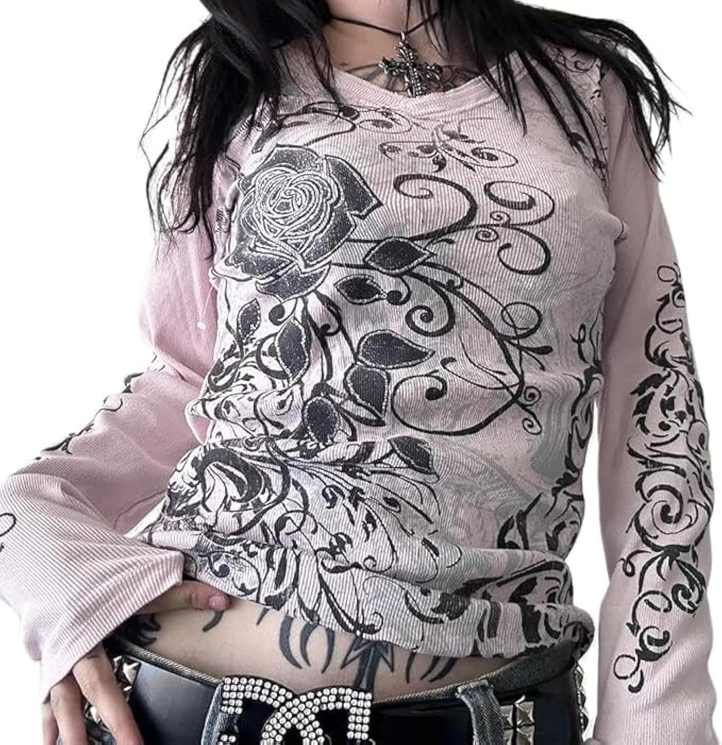 Long Sleeve Grunge T Shirts Y2k Gothic Graphic Print Oversized Tops Women Teen Girls Emo Goth Baggy Tees Streetwear