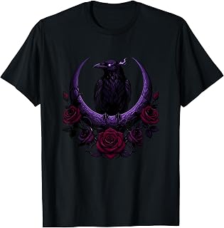 Mystic Crow On Purple Crescent Moon with Roses T-Shirt