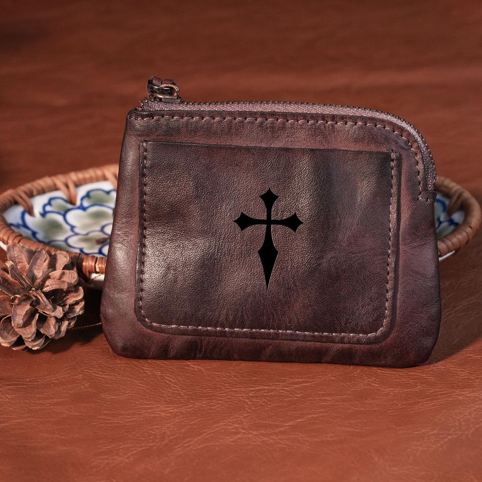Leather Rosary Pouch / Engraved Catholic Keepsake Bag / First Communion Gift