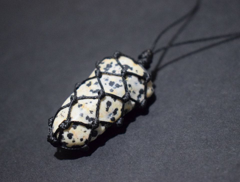 Dalmatian Jasper Necklace, Jasper pendant with black cord