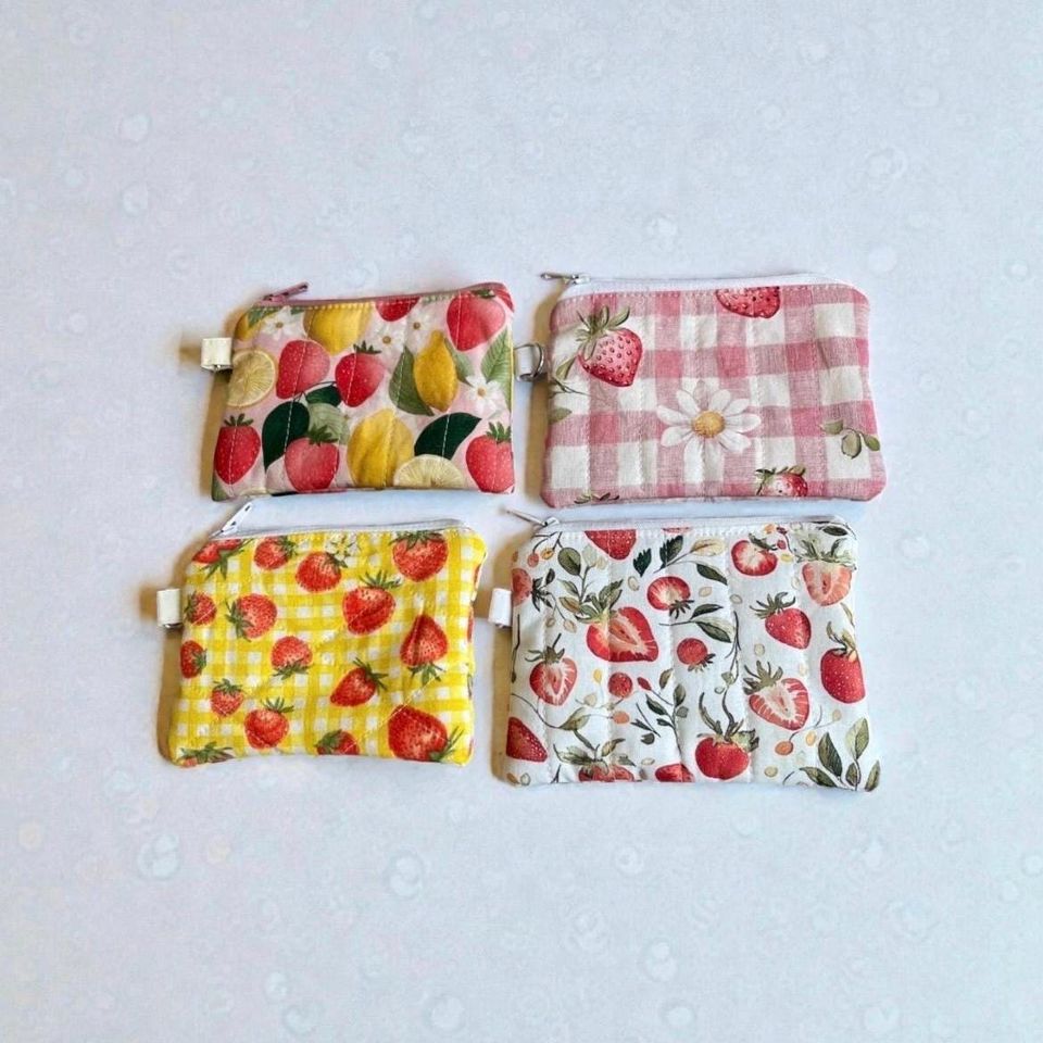 wristlet Wallet in Quilted Strawberry Fabric with D Ring, Coin Card Pouch , Notions Pouch, Summer Fruit Fabric, Coquette Cottagecore Pouch