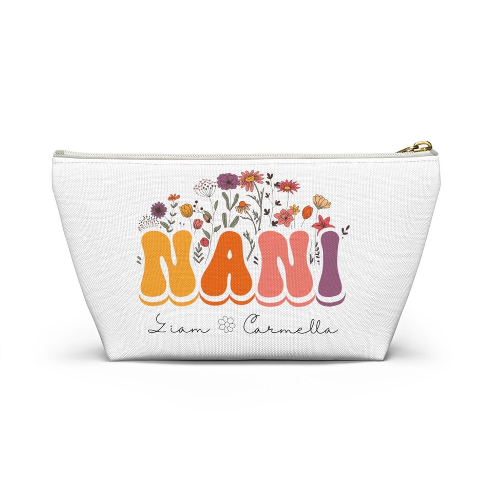 Custom Nani Accessory Pouch w T-bottom Travel Bag - Makeup Bag - Personalized Floral Retro Zippered Tote Bag With Kids Names Gift