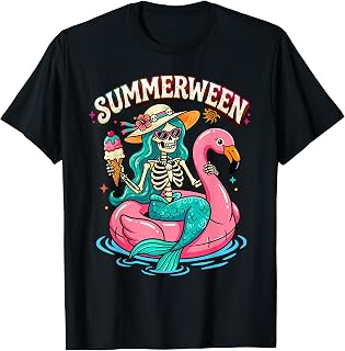 Summerween Skeleton Mermaid Flamingo Float Summer Halloween T-Shirt