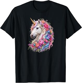 Floral Unicorn with Rainbow Mane Fantasy Art T-Shirt