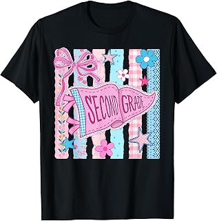 Striped Floral Pennant Flag Back to School Second 2nd Grade T-Shirt