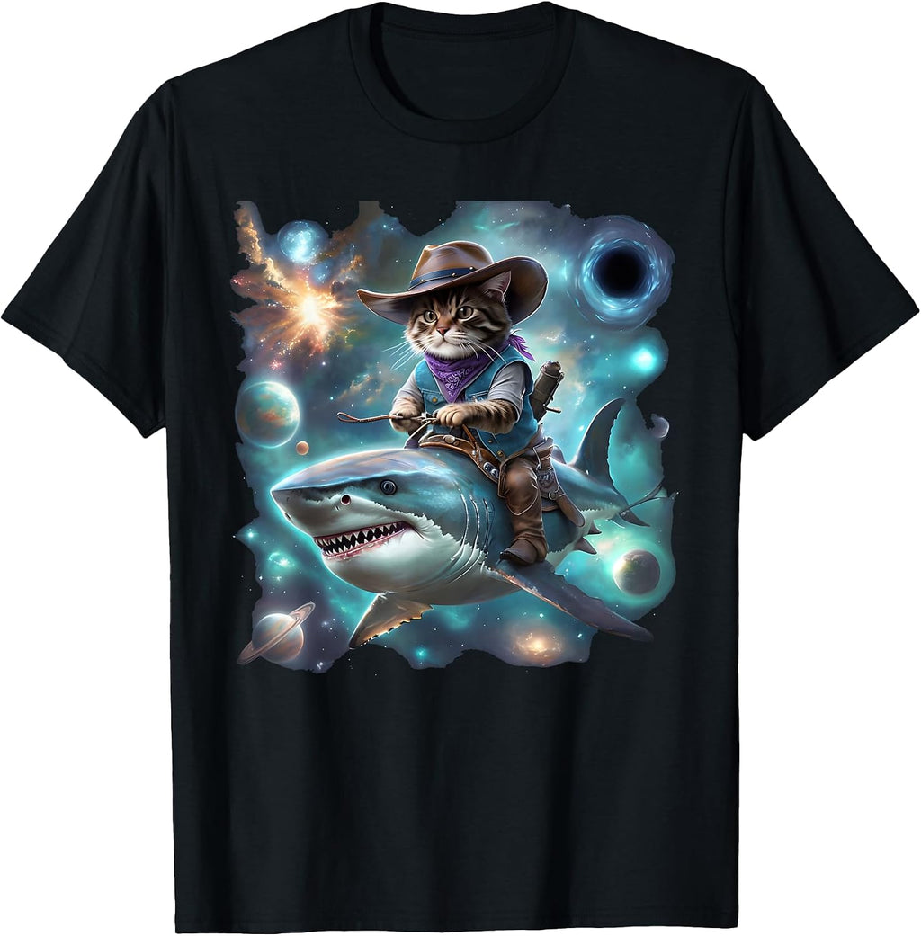 Cat Cowboy Riding a Shark in Rainbow Galaxy space