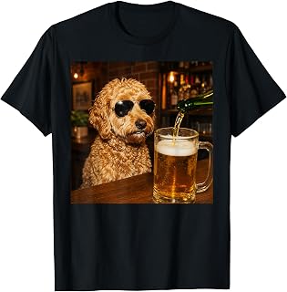 Funny Goldendoodle Drinking Beer Dog Lover Bar Humor Art T-Shirt