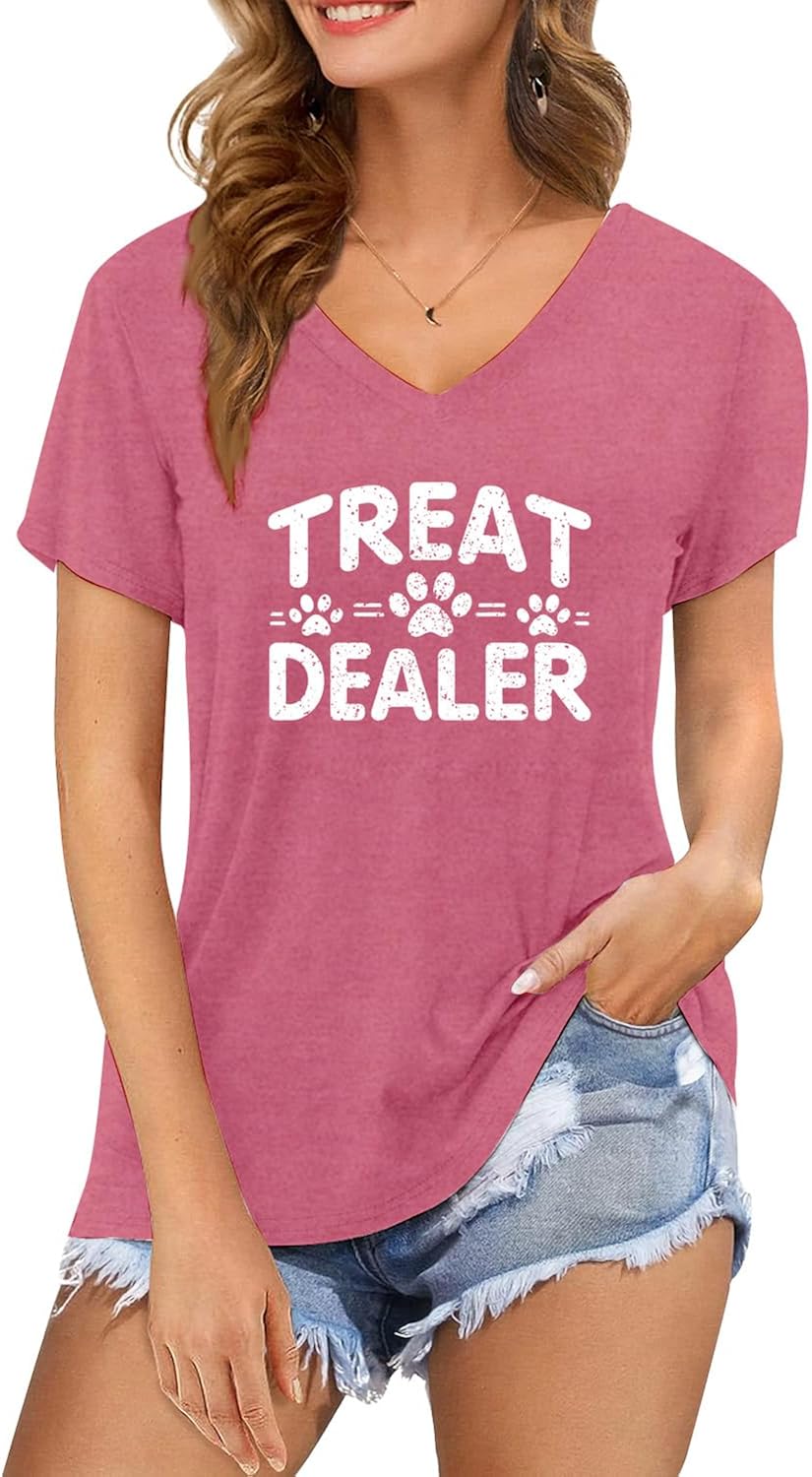 Dog Mom Shirts for Women Dog Paw Printed Mom T-Shirt V Neck Paw Lovers Tee Tops