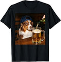 Funny Silly Australian Shepherd Drinking Beer Dog Cool Art T-Shirt