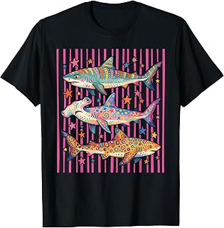 Preppy Striped Shark Aesthetic Tropical Ocean Graphic Summer T-Shirt