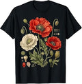 White Red Poppy Flowers Vintage Botanical Garden Plant T-Shirt
