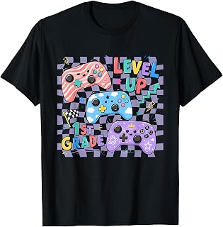 Retro Checkered Level Up 1st Grade Gamer Back to School Cute T-Shirt