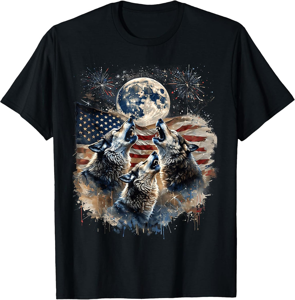 Howling Wolves Under Moon American Flag