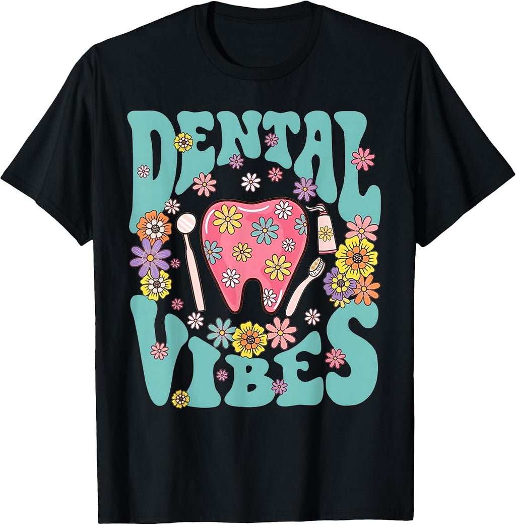 Retro Groovy Dental Vibes Funny Dentist Hygienist Men Women T-Shirt
