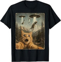 Funny Cat Selfie UFO Alien Dinosaur T-Rex Abduction Kid Men T-Shirt