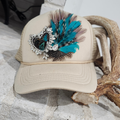 Rhinestone Heart and Feather Trucker Hat Khaki Color